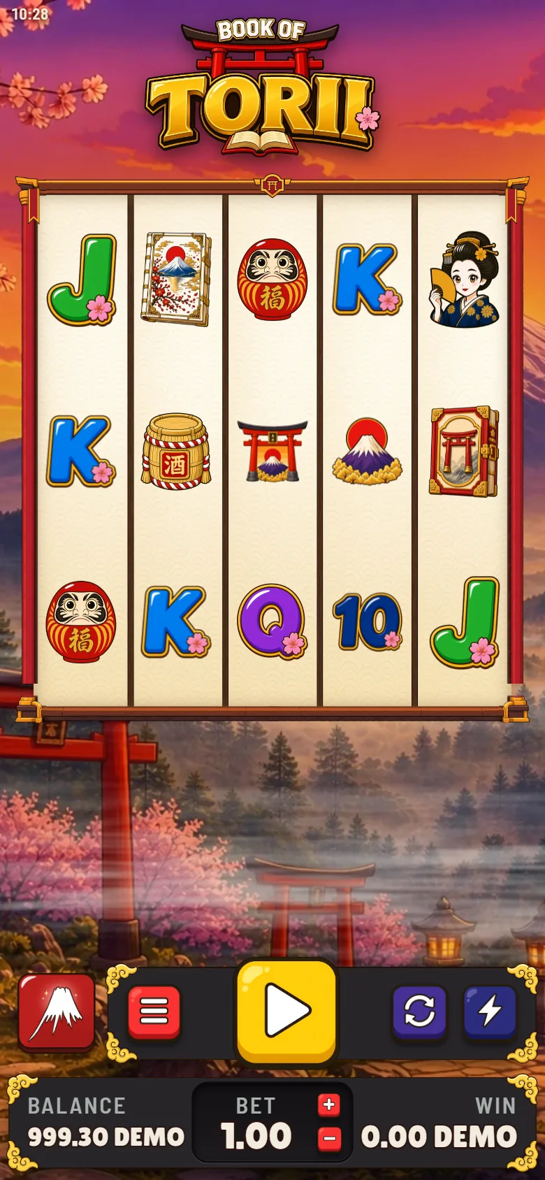 Book of Torii on a phone in portrait: the logo above the reels, the controls below